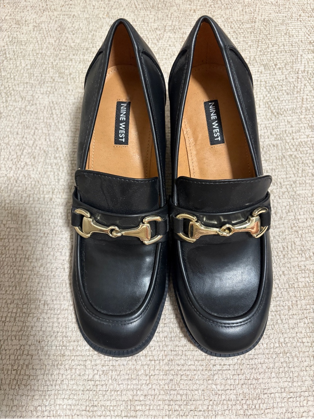 Nine West Black
Leather Loafers with Gold
Buckle & Block Heel